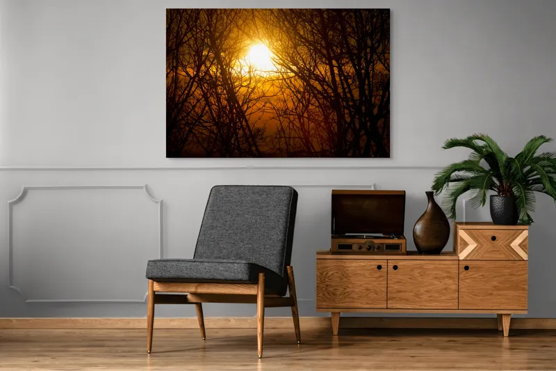 Tablou Canvas, "Apusul mistic prin crengi întunecate", Soare, Ramuri, Siluete, Apus, Cer, Lumina, Caldura, Naturalete, Stralucire, Liniste, 150 x 100 cm – poza 8
