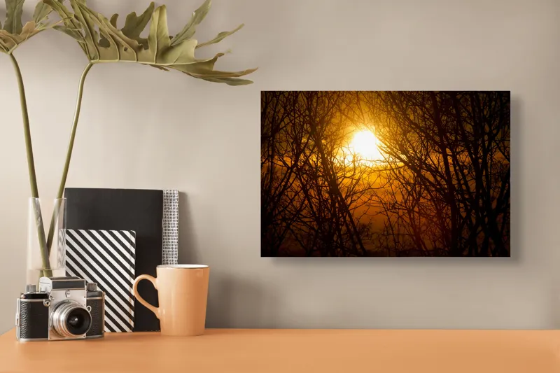 Tablou Canvas, "Apusul mistic prin crengi întunecate", Soare, Ramuri, Siluete, Apus, Cer, Lumina, Caldura, Naturalete, Stralucire, Liniste, 39 x 26 cm – poza 3