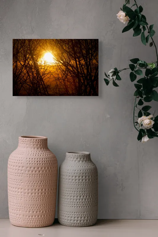Tablou Canvas, "Apusul mistic prin crengi întunecate", Soare, Ramuri, Siluete, Apus, Cer, Lumina, Caldura, Naturalete, Stralucire, Liniste, 39 x 26 cm – poza 4