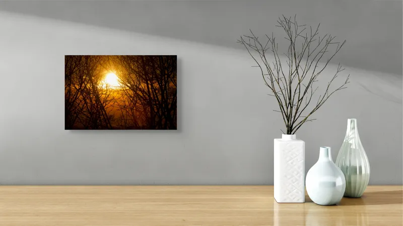 Tablou Canvas, "Apusul mistic prin crengi întunecate", Soare, Ramuri, Siluete, Apus, Cer, Lumina, Caldura, Naturalete, Stralucire, Liniste, 39 x 26 cm – poza 8