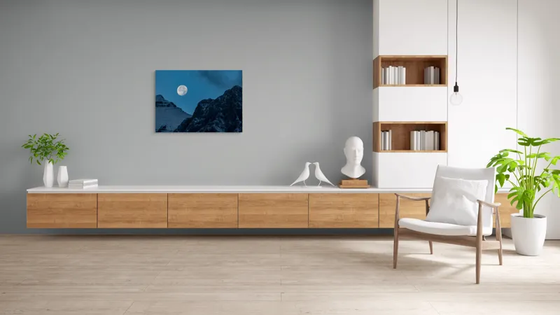 Tablou Canvas, "Luna plină peste munți înzăpeziți", Lună, Munte, Noapte, Cer, Albastru, Peisaj, Natură, Lumină, 100 x 70 cm – poza 6