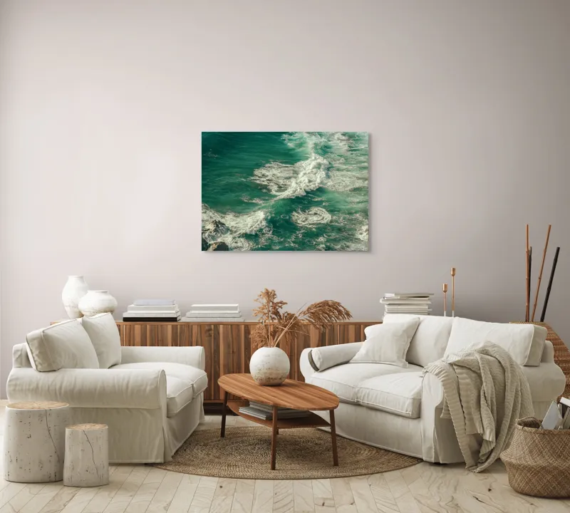 Tablou Canvas, "Valuri spumoase la mal de ocean", Valuri, Turcoaz, Spumă, Ocean, Mișcare, Natură, Energie, Frumusețe, Mare, Dinamică, 100 x 70 cm – poza 3