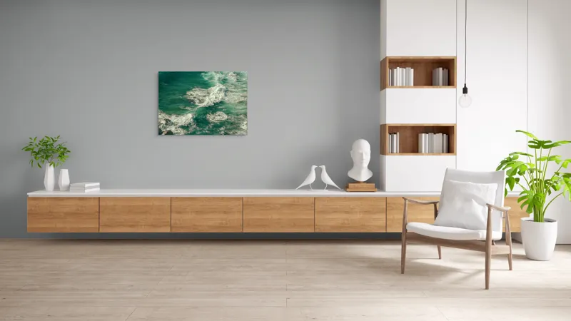 Tablou Canvas, "Valuri spumoase la mal de ocean", Valuri, Turcoaz, Spumă, Ocean, Mișcare, Natură, Energie, Frumusețe, Mare, Dinamică, 100 x 70 cm – poza 6