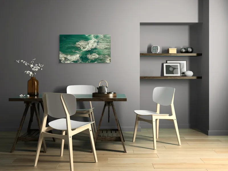 Tablou Canvas, "Valuri spumoase la mal de ocean", Valuri, Turcoaz, Spumă, Ocean, Mișcare, Natură, Energie, Frumusețe, Mare, Dinamică, 90 x 50 cm – poza 3