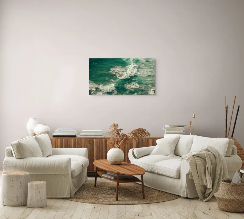 Tablou Canvas, "Valuri spumoase la mal de ocean", Valuri, Turcoaz, Spumă, Ocean, Mișcare, Natură, Energie, Frumusețe, Mare, Dinamică, 90 x 50 cm – poza 4