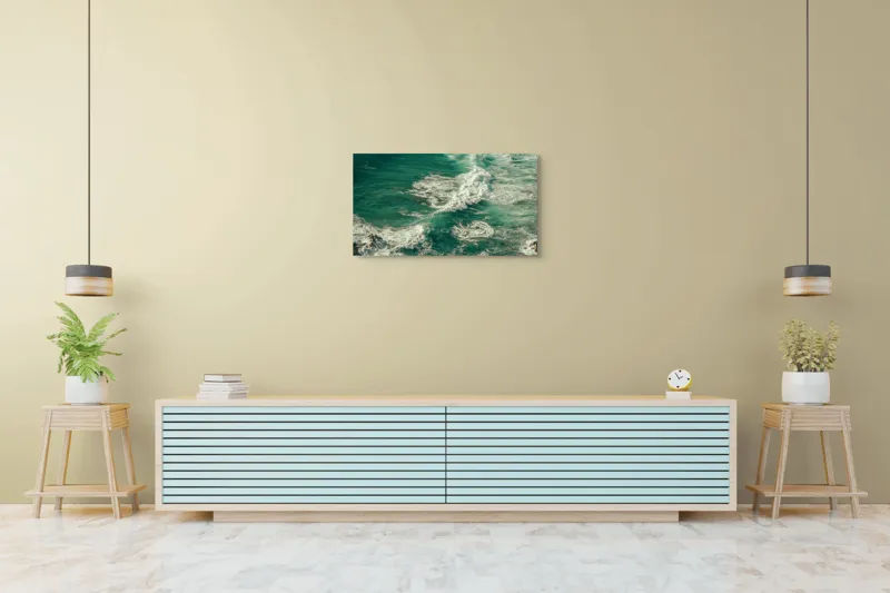 Tablou Canvas, "Valuri spumoase la mal de ocean", Valuri, Turcoaz, Spumă, Ocean, Mișcare, Natură, Energie, Frumusețe, Mare, Dinamică, 90 x 50 cm – poza 5