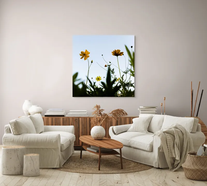 Tablou Canvas, "Flori spre cerul albastru", Flori, Cer, Galben, Verde, Frunze, Muguri, Tulpini, Petale, Natură, Simplitate, 100 x 100 cm – poza 3