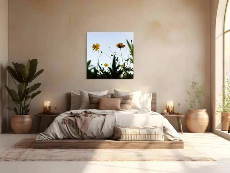Tablou Canvas, "Flori spre cerul albastru", Flori, Cer, Galben, Verde, Frunze, Muguri, Tulpini, Petale, Natură, Simplitate, 100 x 100 cm – poza 4