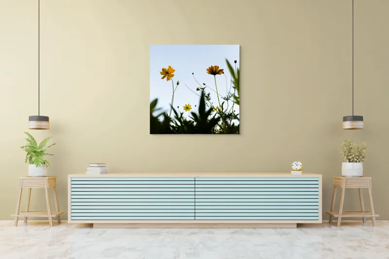 Tablou Canvas, "Flori spre cerul albastru", Flori, Cer, Galben, Verde, Frunze, Muguri, Tulpini, Petale, Natură, Simplitate, 100 x 100 cm – poza 5