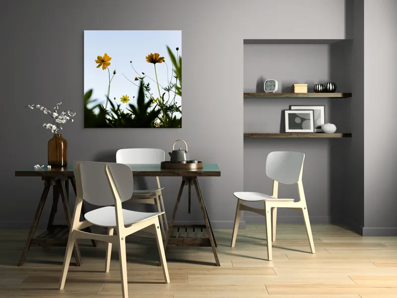 Tablou Canvas, "Flori spre cerul albastru", Flori, Cer, Galben, Verde, Frunze, Muguri, Tulpini, Petale, Natură, Simplitate, 100 x 100 cm – poza 6