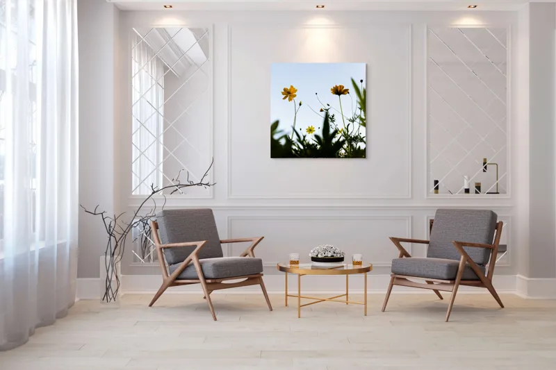 Tablou Canvas, "Flori spre cerul albastru", Flori, Cer, Galben, Verde, Frunze, Muguri, Tulpini, Petale, Natură, Simplitate, 100 x 100 cm – poza 7