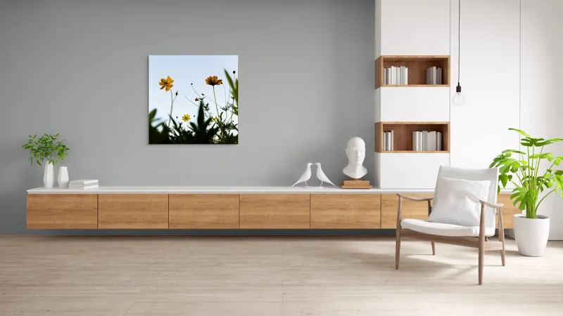 Tablou Canvas, "Flori spre cerul albastru", Flori, Cer, Galben, Verde, Frunze, Muguri, Tulpini, Petale, Natură, Simplitate, 100 x 100 cm – poza 8