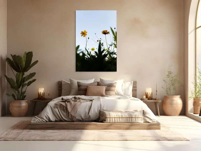 Tablou Canvas, "Flori spre cerul albastru", Flori, Cer, Galben, Verde, Frunze, Muguri, Tulpini, Petale, Natură, Simplitate, 100 x 150 cm – poza 3