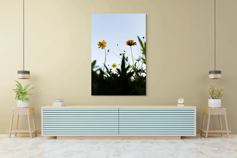 Tablou Canvas, "Flori spre cerul albastru", Flori, Cer, Galben, Verde, Frunze, Muguri, Tulpini, Petale, Natură, Simplitate, 100 x 150 cm – poza 4