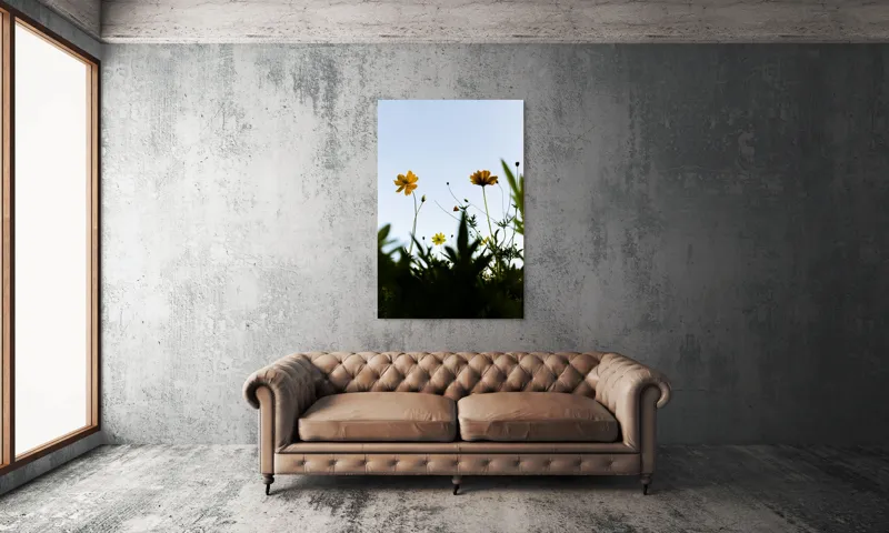 Tablou Canvas, "Flori spre cerul albastru", Flori, Cer, Galben, Verde, Frunze, Muguri, Tulpini, Petale, Natură, Simplitate, 100 x 150 cm – poza 6