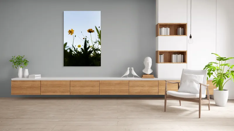 Tablou Canvas, "Flori spre cerul albastru", Flori, Cer, Galben, Verde, Frunze, Muguri, Tulpini, Petale, Natură, Simplitate, 100 x 150 cm – poza 8