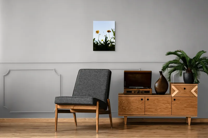 Tablou Canvas, "Flori spre cerul albastru", Flori, Cer, Galben, Verde, Frunze, Muguri, Tulpini, Petale, Natură, Simplitate, 39 x 54 cm – poza 8
