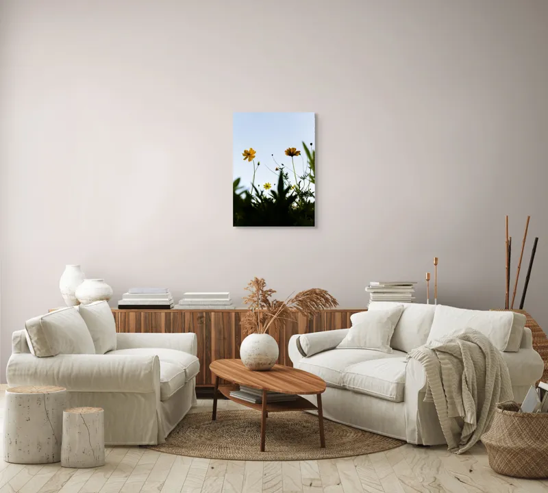 Tablou Canvas, "Flori spre cerul albastru", Flori, Cer, Galben, Verde, Frunze, Muguri, Tulpini, Petale, Natură, Simplitate, 50 x 70 cm – poza 4