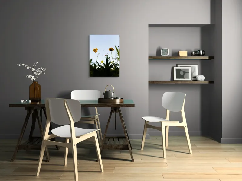 Tablou Canvas, "Flori spre cerul albastru", Flori, Cer, Galben, Verde, Frunze, Muguri, Tulpini, Petale, Natură, Simplitate, 50 x 70 cm – poza 5