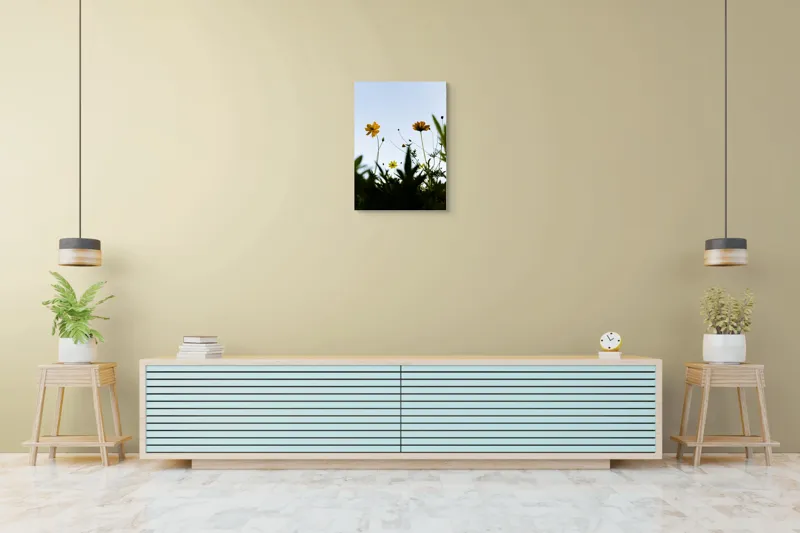 Tablou Canvas, "Flori spre cerul albastru", Flori, Cer, Galben, Verde, Frunze, Muguri, Tulpini, Petale, Natură, Simplitate, 50 x 70 cm – poza 6
