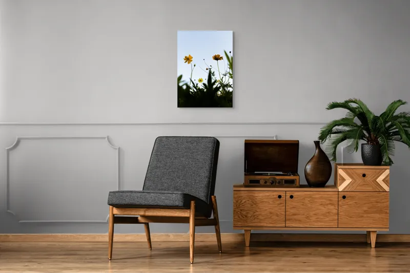 Tablou Canvas, "Flori spre cerul albastru", Flori, Cer, Galben, Verde, Frunze, Muguri, Tulpini, Petale, Natură, Simplitate, 50 x 70 cm – poza 8