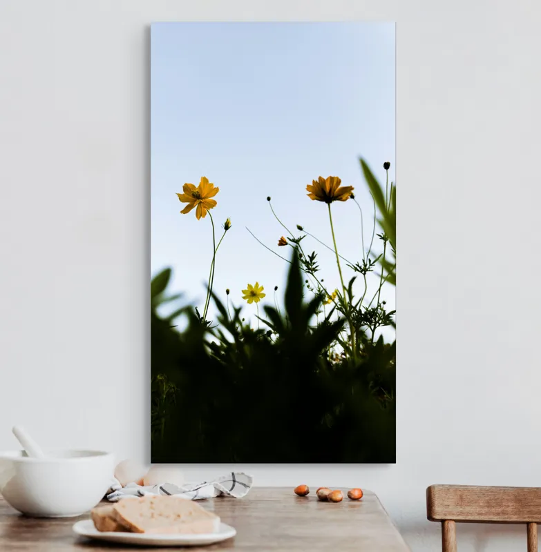 Tablou Canvas, "Flori spre cerul albastru", Flori, Cer, Galben, Verde, Frunze, Muguri, Tulpini, Petale, Natură, Simplitate, 50 x 90 cm – poza 3