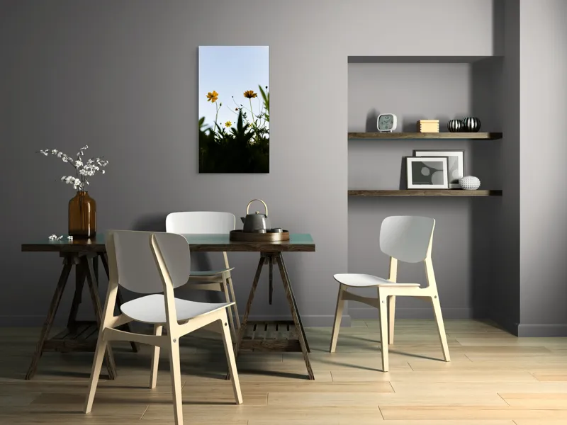 Tablou Canvas, "Flori spre cerul albastru", Flori, Cer, Galben, Verde, Frunze, Muguri, Tulpini, Petale, Natură, Simplitate, 50 x 90 cm – poza 4