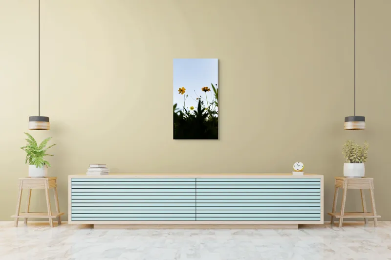 Tablou Canvas, "Flori spre cerul albastru", Flori, Cer, Galben, Verde, Frunze, Muguri, Tulpini, Petale, Natură, Simplitate, 50 x 90 cm – poza 6