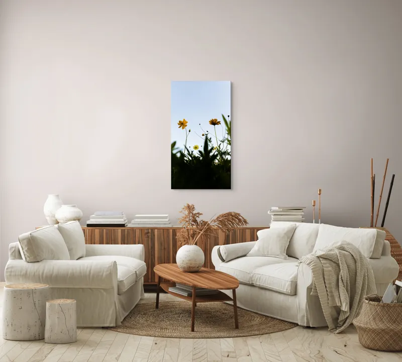 Tablou Canvas, "Flori spre cerul albastru", Flori, Cer, Galben, Verde, Frunze, Muguri, Tulpini, Petale, Natură, Simplitate, 50 x 90 cm – poza 7