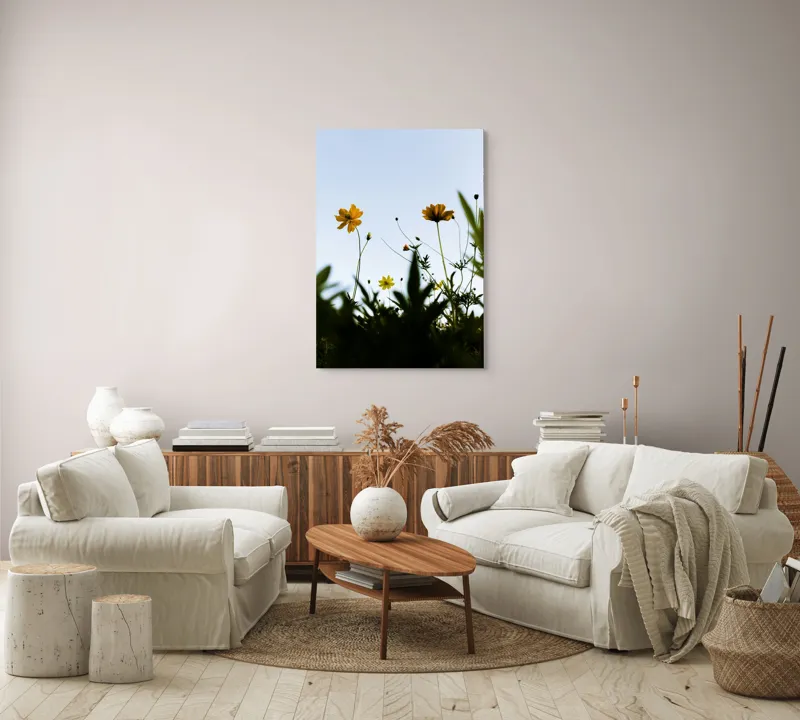 Tablou Canvas, "Flori spre cerul albastru", Flori, Cer, Galben, Verde, Frunze, Muguri, Tulpini, Petale, Natură, Simplitate, 70 x 100 cm – poza 4
