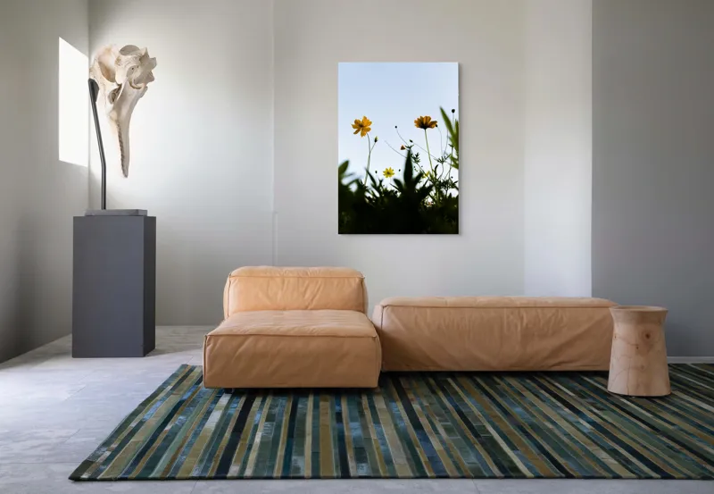 Tablou Canvas, "Flori spre cerul albastru", Flori, Cer, Galben, Verde, Frunze, Muguri, Tulpini, Petale, Natură, Simplitate, 70 x 100 cm – poza 7