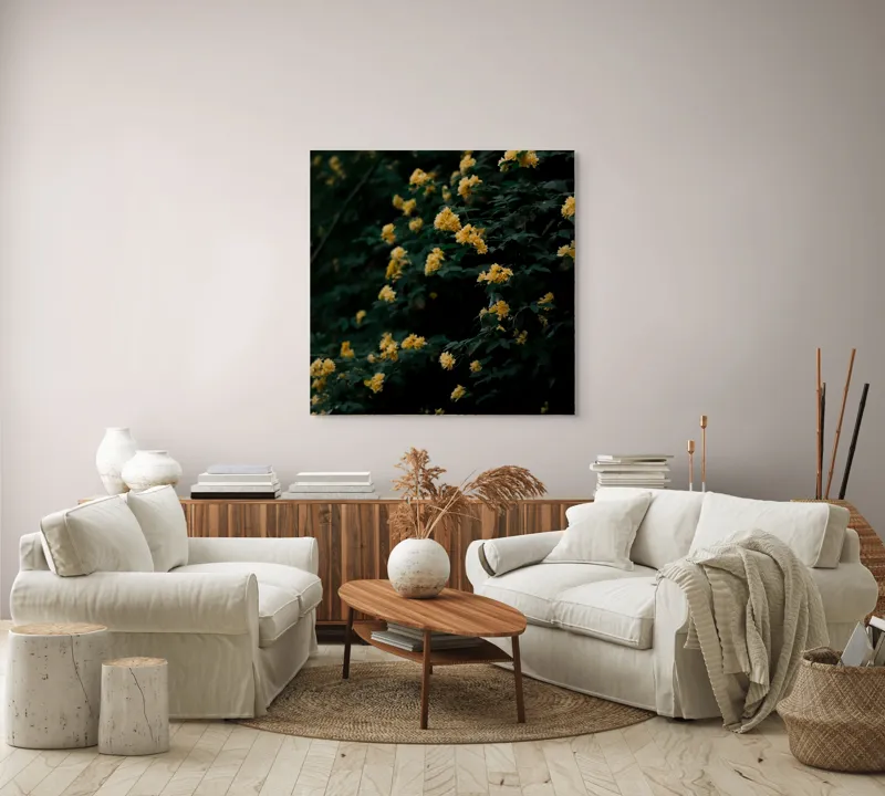 Tablou Canvas, "Strălucirea florilor în amurgul verii", Flori, Galbene, Abundente, Întuneric, Frunziș, Natură, Blând., 100 x 100 cm – poza 3