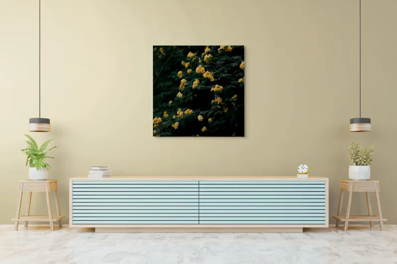 Tablou Canvas, "Strălucirea florilor în amurgul verii", Flori, Galbene, Abundente, Întuneric, Frunziș, Natură, Blând., 100 x 100 cm – poza 5