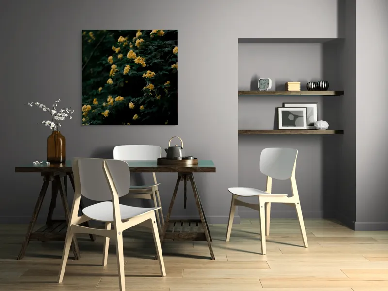 Tablou Canvas, "Strălucirea florilor în amurgul verii", Flori, Galbene, Abundente, Întuneric, Frunziș, Natură, Blând., 100 x 100 cm – poza 6