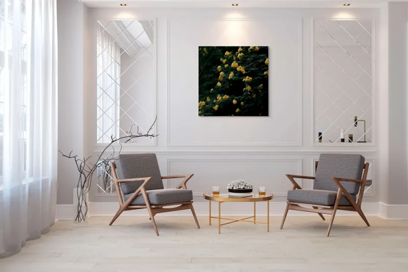 Tablou Canvas, "Strălucirea florilor în amurgul verii", Flori, Galbene, Abundente, Întuneric, Frunziș, Natură, Blând., 100 x 100 cm – poza 7