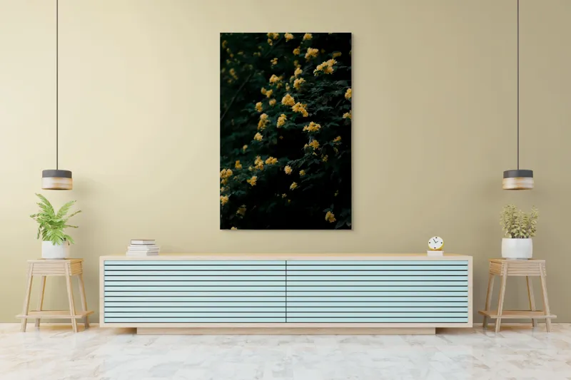 Tablou Canvas, "Strălucirea florilor în amurgul verii", Flori, Galbene, Abundente, Întuneric, Frunziș, Natură, Blând., 100 x 150 cm – poza 4