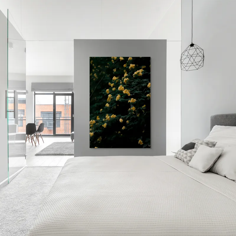 Tablou Canvas, "Strălucirea florilor în amurgul verii", Flori, Galbene, Abundente, Întuneric, Frunziș, Natură, Blând., 100 x 150 cm – poza 5