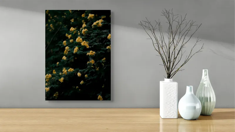 Tablou Canvas, "Strălucirea florilor în amurgul verii", Flori, Galbene, Abundente, Întuneric, Frunziș, Natură, Blând., 39 x 54 cm – poza 4
