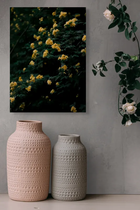 Tablou Canvas, "Strălucirea florilor în amurgul verii", Flori, Galbene, Abundente, Întuneric, Frunziș, Natură, Blând., 39 x 54 cm – poza 6