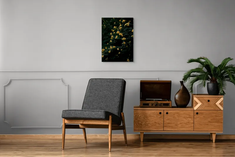 Tablou Canvas, "Strălucirea florilor în amurgul verii", Flori, Galbene, Abundente, Întuneric, Frunziș, Natură, Blând., 50 x 70 cm – poza 8
