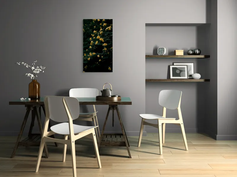 Tablou Canvas, "Strălucirea florilor în amurgul verii", Flori, Galbene, Abundente, Întuneric, Frunziș, Natură, Blând., 50 x 90 cm – poza 4