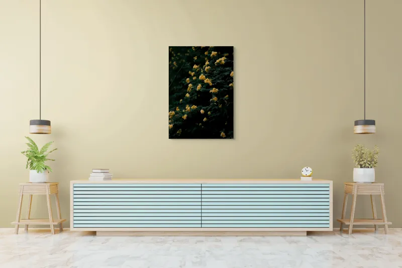 Tablou Canvas, "Strălucirea florilor în amurgul verii", Flori, Galbene, Abundente, Întuneric, Frunziș, Natură, Blând., 70 x 100 cm – poza 5