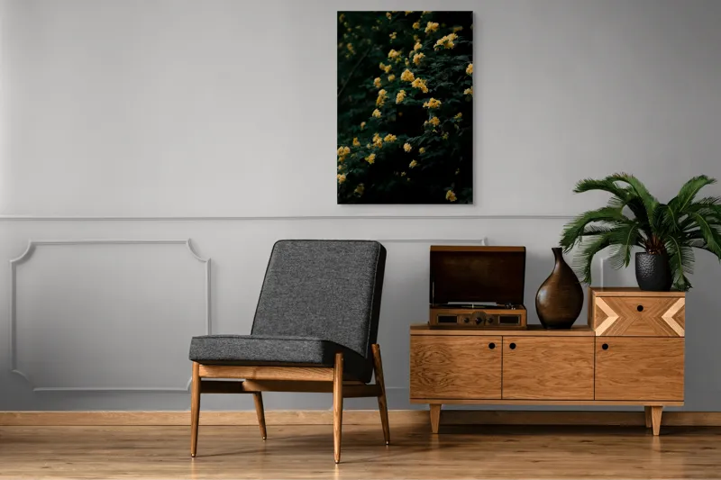 Tablou Canvas, "Strălucirea florilor în amurgul verii", Flori, Galbene, Abundente, Întuneric, Frunziș, Natură, Blând., 70 x 100 cm – poza 6