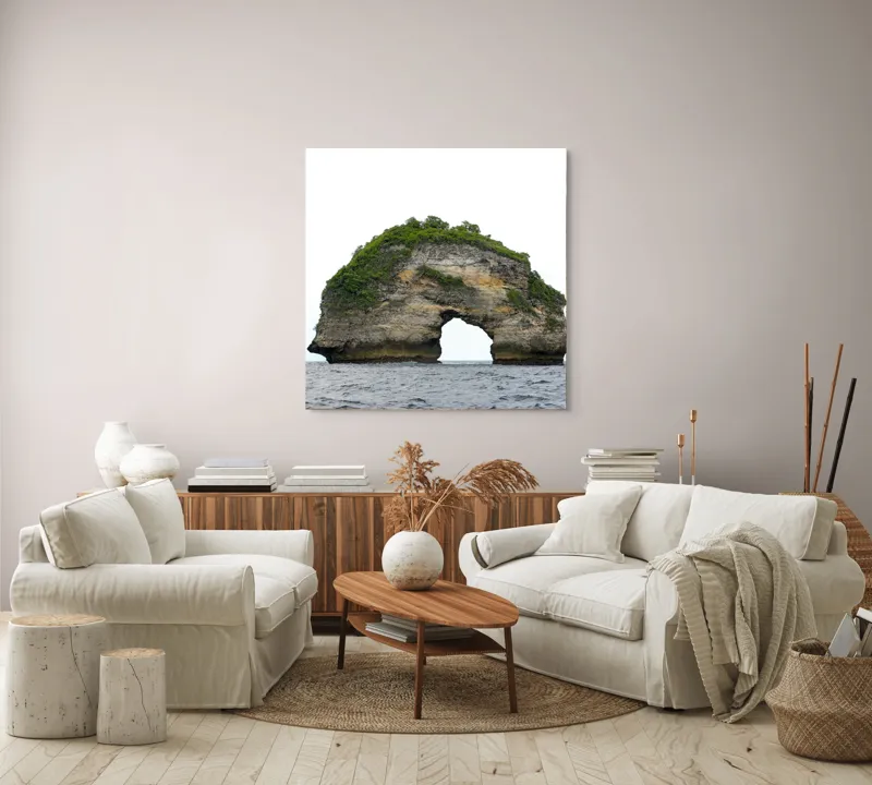 Tablou Canvas, "Arcul de Piatră al Mării Sudice", Stâncă, Arcadă, Ocean, Vegetație, Cer, Apă, Natură, Insulă., 100 x 100 cm – poza 3