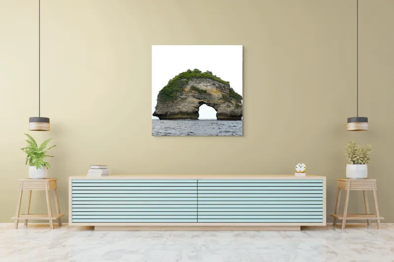 Tablou Canvas, "Arcul de Piatră al Mării Sudice", Stâncă, Arcadă, Ocean, Vegetație, Cer, Apă, Natură, Insulă., 100 x 100 cm – poza 5