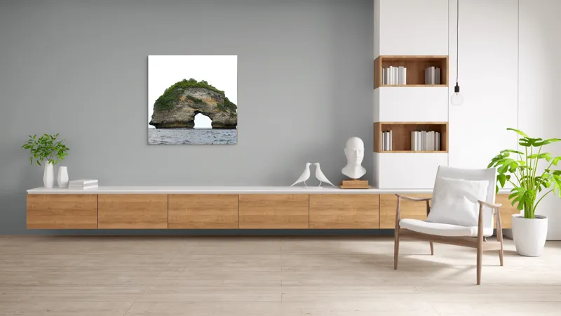 Tablou Canvas, "Arcul de Piatră al Mării Sudice", Stâncă, Arcadă, Ocean, Vegetație, Cer, Apă, Natură, Insulă., 100 x 100 cm – poza 8