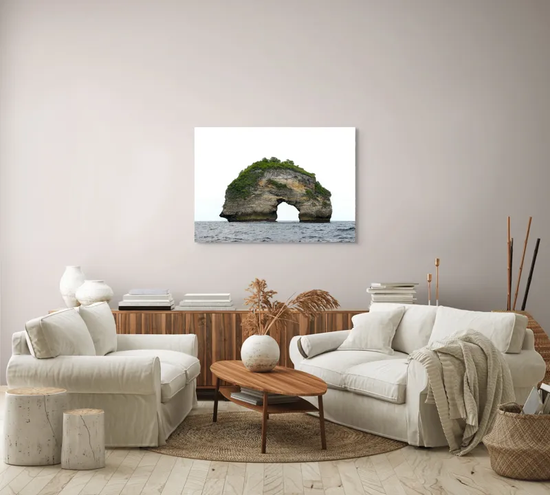 Tablou Canvas, "Arcul de Piatră al Mării Sudice", Stâncă, Arcadă, Ocean, Vegetație, Cer, Apă, Natură, Insulă., 100 x 70 cm – poza 3