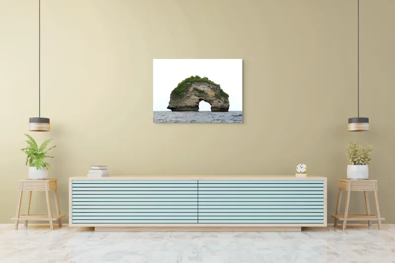 Tablou Canvas, "Arcul de Piatră al Mării Sudice", Stâncă, Arcadă, Ocean, Vegetație, Cer, Apă, Natură, Insulă., 100 x 70 cm – poza 4
