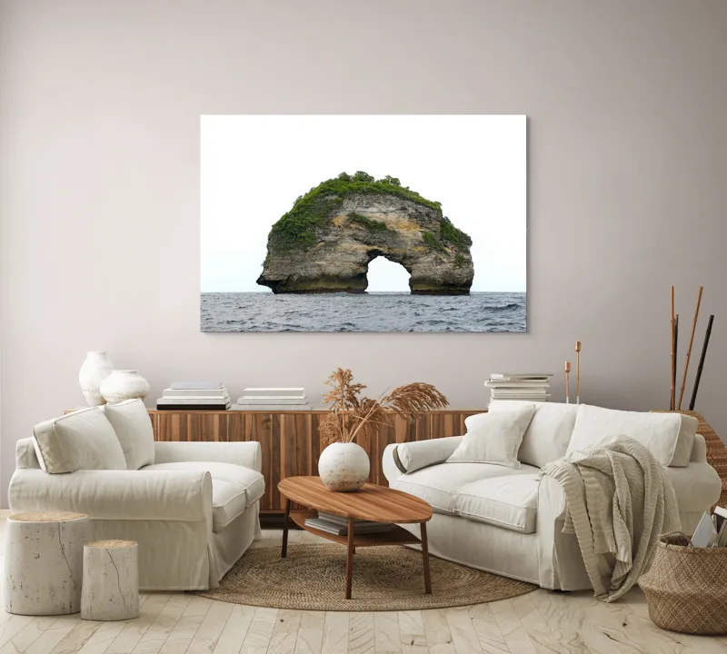 Tablou Canvas, "Arcul de Piatră al Mării Sudice", Stâncă, Arcadă, Ocean, Vegetație, Cer, Apă, Natură, Insulă., 150 x 100 cm – poza 3