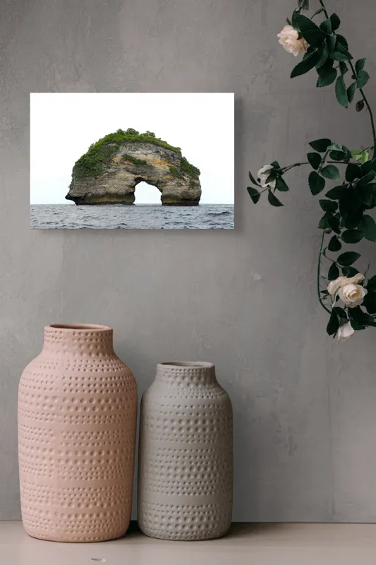 Tablou Canvas, "Arcul de Piatră al Mării Sudice", Stâncă, Arcadă, Ocean, Vegetație, Cer, Apă, Natură, Insulă., 39 x 26 cm – poza 4